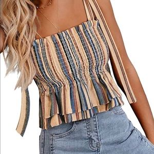 CLIKOO women’s Smocked Crop Tank Top Tie Shoulder Strap Stripped Small